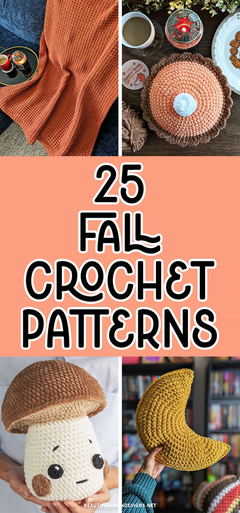 Embrace the changing seasons with these cozy fall-themed crochet patterns. You'll find crochet blanket patterns, crochet pumpkin patterns, crochet mushroom patterns, and crochet moon patterns. Crochet Stacking Pumpkins, Crochet Projects For Halloween, Quick Crochet Pumpkin Free Pattern, Fall Crochet Blanket Ideas, Cute Fall Crochet Patterns Free, Autumn Crochet Amigurumi, Crochet Mushroom Projects, Fall Themed Crochet Patterns, Crochet Fall Market Prep