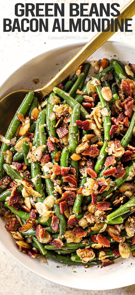 Green Bean Almondine Recipe, Recipes Dinner Party, Thanksgiving Green Beans, Green Beans With Almonds, Green Beans Almondine, Green Beans Side Dish, Green Beans With Bacon, Carlsbad Cravings, Frozen Green Beans