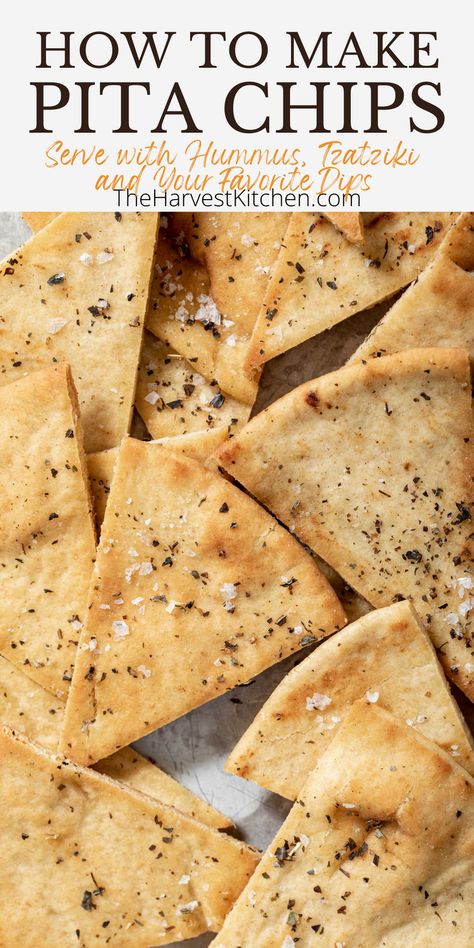 Learn How to Make Pita Chips with this easy homemade pita chips recipe so they turn out perfect every time! Homemade Pita Chips are made with pita bread or pita pockets, extra-virgin olive oil, seasoning and salt and baked in the oven. Recipes That Use Pita Bread, Stuff Pita Pocket, Pita Bread Seasoning, Crispy Pita Bread, Toasted Pita Chips, Pita Chips From Tortillas, Pita Chip Recipe, Deep Fried Pita Bread, Diy Pita Chips