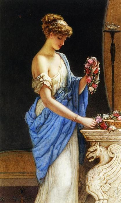 James Sant - A Girl in Classical Dress Arranging a Garland of Flowers, 1874 Ancient Greece Aesthetic, Greece Women, Garland Of Flowers, John William Godward, Classical Dress, Greek Paintings, Istoria Artei, Greek Women, Ancient Greek Art