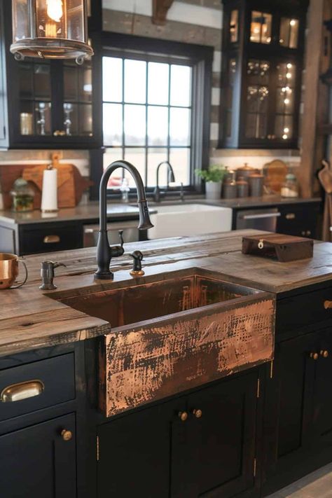 Black Kitchen Home Design Black, Black Farmhouse Kitchen, Black And Copper Kitchen, Black Kitchen Ideas, Moody Kitchen, Kitchen Design Inspiration, Studio Apt, Black Kitchen Cabinets, Farmhouse Kitchen Design