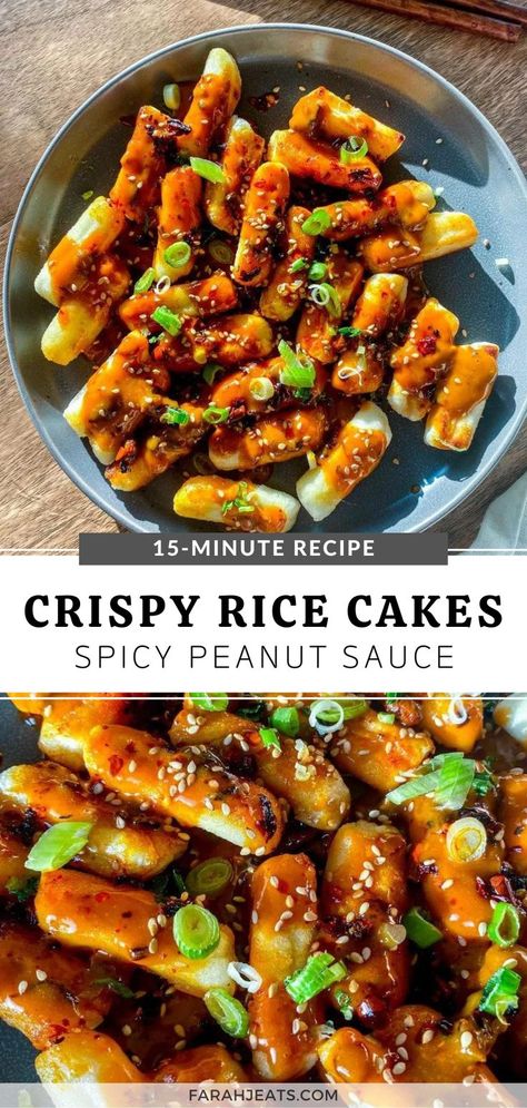 Top photo is of crispy rice cakes with spicy peanut sauce, served in a blue plate and garnished with green onions and sesame seeds. Next to the plate is a pair of wooden chopsticks. The bottom photo is a close up of the rice cakes. Crispy Tteokbokki, Crispy Korean Rice Cake, Korean Rice Cake Sauce Recipe, Rice Cake Sticks, Crispy Rice Cakes Korean, How To Cook Rice Cakes, Things To Do With Rice Cakes, Asian Rice Cakes, Recipe With Rice Cakes