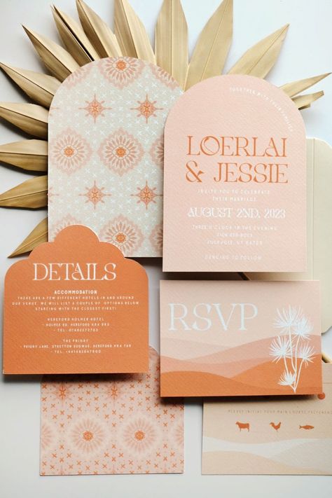 70s Inspired Wedding Invitations, Arched Wedding Invites, 70s Wedding Invite, 60s Wedding Invitations, 70s Invitation Design, Arch Invitation Design, Wedding Invites Boho, Retro Palm Springs Wedding, 70s Packaging Design