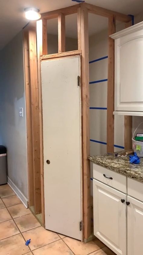 Build Kitchen Pantry Cabinet, Cabinet To Pantry Conversion, How To Build A Pantry In A Small Kitchen, Add Pantry Cabinet To Kitchen, Diy Corner Pantry How To Build, Convert Kitchen Desk To Pantry, Adding Pantry To Small Kitchen, Built In Corner Pantry, How To Build A Pantry