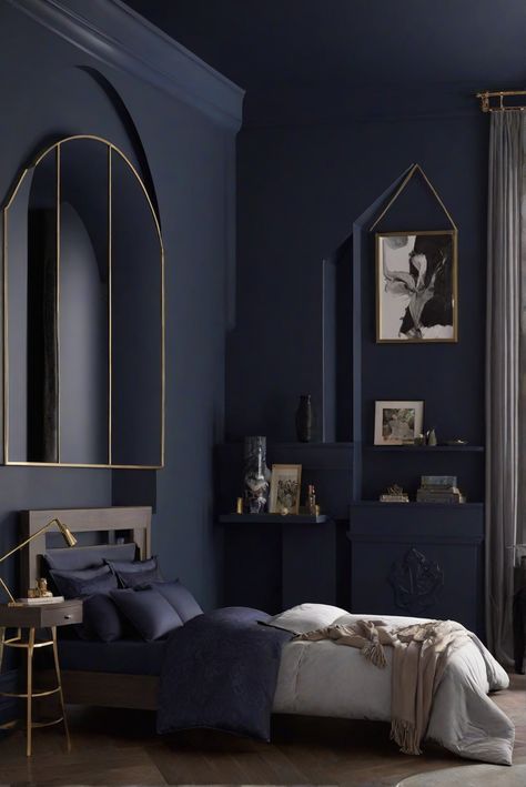 bedroom decor, modern home design, interior design ideas, luxury home decor Behr Starless Night Paint, Behr Nocturne Shade, Dark Paint In Bedroom, Dark Navy Blue Bedroom, Dark Colour Bedroom Ideas, Navy And Brown Bedroom, Behr Midnight Blue, Dark Paint Colors For Bedroom, Dark Paint Bedroom