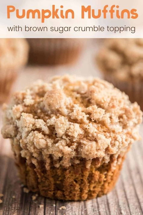 This is hands-down the best pumpkin muffin recipe I've ever tried. Sweet, dense muffins packed with pumpkin flavor are topped with a sweet brown sugar crumble, making this a recipe you'll turn to again and again! Pumpkin Muffins With Crumb Topping, Pumpkin Snickerdoodle Muffins, Pumpkin Muffins With Streusel Topping, Dense Muffins, Brown Sugar Crumble Topping, Pumpkin Snacks, Desert Bread, Brown Sugar Muffins, Best Pumpkin Muffins