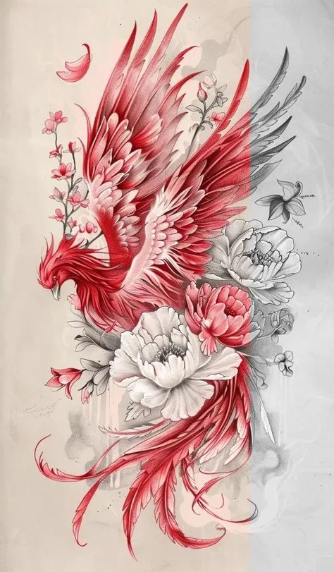 Red Phenix Tattoo, Birds For Drawing, Phoenix Red Tattoo, Back Filler Tattoo, Color Arm Sleeve Tattoos, Phönix Drawing, Phinox Bird Back Tattoo, Angel Silhouette Tattoo, Pheonix Tattoo Stencils