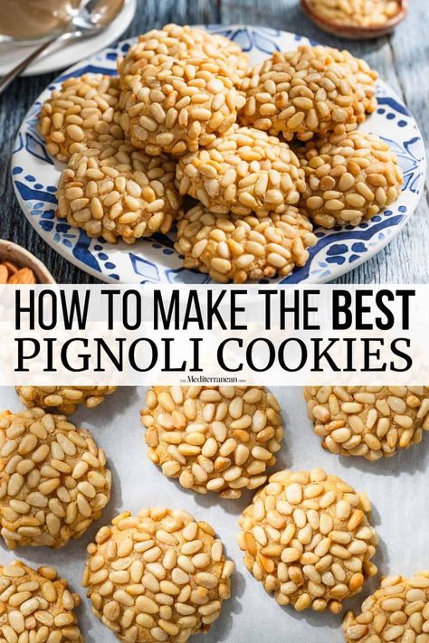 Pignoli Cookies are gluten free Italian cookies with almond paste, egg, sugar, and pine nuts. Make this celebratory holiday cookie recipe for your Christmas cookie spread, home made desserts, and more! Lady Loch Cookies, Almond Horn Cookies Recipe, Italian Pinole Cookies, Gluten Free Pignoli Cookies, Italian Pine Nut Cookies, Italian Jelly Cookies, Cookies Made With Almond Paste, Italian Pignoli Cookies, S Cookies Italian