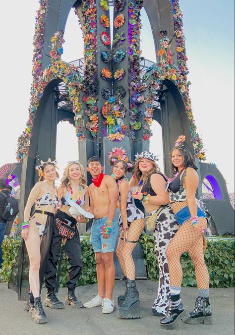 festival matching outfits EDC cow print fashion summer vibes aesthetic idea inspo friends group Group Festival Outfits Matching, Rave Group Outfits Ideas, Cow Rave Outfit, Festival Group Outfits, Bass Canyon Outfits, Group Festival Outfits, Rave Group Outfits, Group Rave Outfits, Matching Festival Outfits