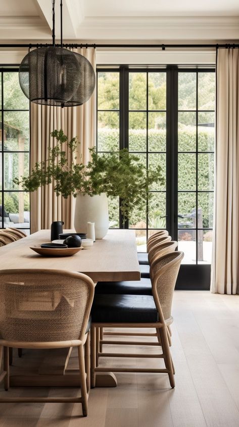 This modern beauty showcases clean lines, floor-to-ceiling windows and earthy tones that seamlessly merge with the surroundings. A minimalist design that exudes timeless style. Follow @windthekey for more design inspiration. Small Dining Room Lighting, Dining Room With Windows, Modern Transitional Dining Room, Tiny Dining Room, Modern Italian Home, Modern Dining Room Ideas, Modern Dining Room Lighting, Modern Dining Room Furniture, Transitional Interior Design