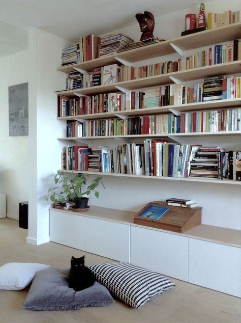 Bookshelf Wall Apartment, Shelf Wall Over Bed, Two Wall Bookshelf, Boaxel Ikea Bookshelf, Bookshelves Diy Living Room, Elfa Bookshelves, Book Cases Ideas, Bookshelf In Wall, Whole Wall Bookshelves