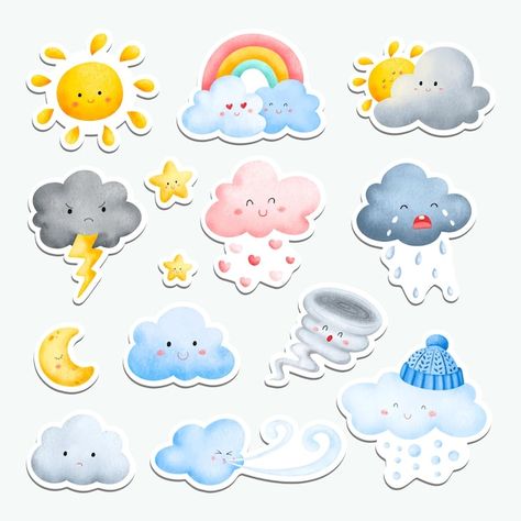 Weather For Kids, Rainbow Mobile, Sun Drawing, Cute Cloud, Weather Symbols, Cloud Illustration, Cloud Stickers, Watercolor Cute, Motion Graphics Inspiration