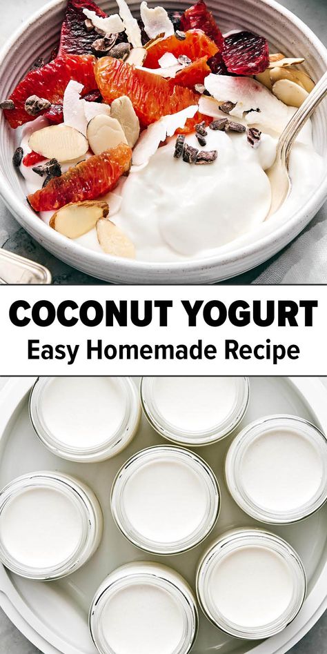 Homemade coconut yogurt recipe. Coconut Cream Yogurt Recipe, How To Make Coconut Yogurt, Homemade Oui Yogurt, Oui Yogurt Recipes, Coconut Greek Yogurt Recipe, How To Make Coconut Yogurt At Home, Non Dairy Yogurt Recipe, Homemade Vegan Yogurt, Making Yogurt Homemade