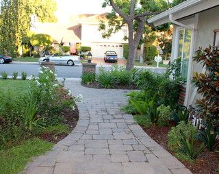 Front Yard Walkway Belgard Mega Bergerac - Victorian - Landscape - Los Angeles - by Picture Build | Houzz Front Entry Walkway Landscaping, Front Entry Walkway, Front Door Walkway, Entry Walkway, Victorian Landscape, Front Yard Walkway, Yard Walkway, Walkway Landscaping, Paver Walkway