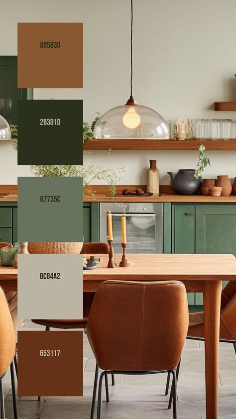 Colors: 885830 ° 2B301D ° 67735C ° BCB4A2 ° 65311 Brown Color Palette Kitchen, Color Concept Interior, Home Decor Pallets Color, Interior Design Colour Combination, Earthy Palette Colour Schemes, Light Wood Color Palette, Interior Design Palette Mood Boards, Warm Kitchen Color Palette, Color Pallete For House Interior