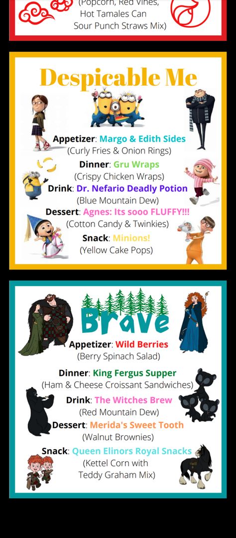 Disney Movie Meal Ideas, Disney Movie Night Theme Food, Dinner Based On Movies, Movie Night Meal Ideas, Disney Meal Ideas, Disney Themed Potluck, Disney Movie Night Food Ideas, Movie Inspired Dinners, Disney Dinner Themes