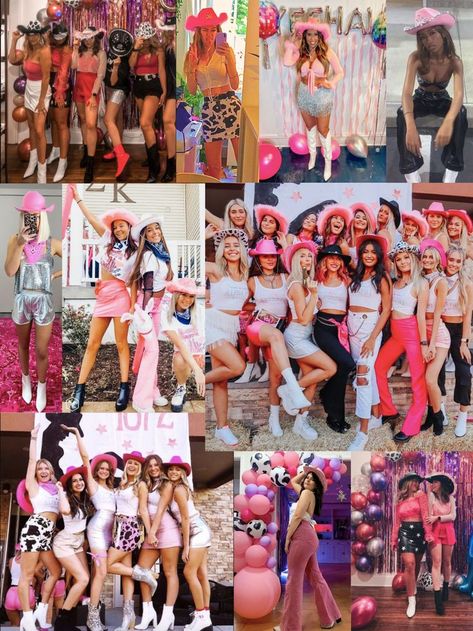 Cute Disco Cowgirl Outfits, Cowboy Disco Bachelorette Party Outfit, Pink Western Bachelorette Outfit, Disco Cowgirl Bachelorette Outfit Pink, Cowgirl Hen Party Outfit, Nashville Bachelorette Photoshoot, Space Cowboy Bachelorette Party Outfit, Electric Cowgirl Party, Space Cowgirl Bachelorette Party Outfit