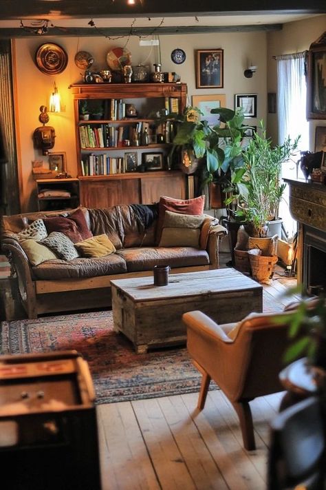 "Add character to your home with a Rustic Farmhouse Living Room! 🌾🛋️ Ideal for creating a cozy and welcoming environment for family and friends. 🌿✨ #InteriorDesign #FarmhouseVibes #CozyLiving" Rustic Living Room Aesthetic, Community Living Room, Farm Cottage Living Room, Grandpa House Aesthetic, Vintage Earthy Living Room, Farmhouse Living Room With Leather Couch, Cozy Thrifted Home, Cozy Western Living Room, Small Rustic Living Room Ideas