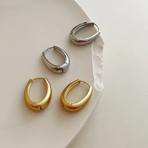 Our best selling geo oval hoops have been restocked! Be First, Silver And Gold, Color Options, Hoop Earrings, Trending Outfits, Unique Jewelry, Handmade Gifts, Silver, Gold