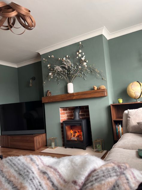 Home Decor 
House Renovation Front Room Ideas Colour Palettes, Log Burner Green Wall, Gas Log Burner Fireplace, Lounge Feature Wall Ideas Colour, Dado Rail Living Room Colour Schemes, Cosy Snug Room Ideas, Living Room With Log Burner, Log Burner Tv Wall, Fireplace Mantle Decor Christmas