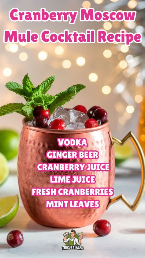 "Discover the perfect blend of flavors with our Cranberry Moscow Mule cocktail recipe! This festive drink is a delightful addition to your holiday cocktails lineup. Easy to make, it’s one of the best seasonal cocktails to impress your guests. Explore Moscow Mule variations with a cranberry twist for a refreshing take on classic recipes. Cheers to delicious holiday gatherings!" Festive Pitcher Cocktails, Cocktail Holiday Drinks, Yule Mule Holiday Cocktails, Reindeer Moscow Mule, Christmas Mule Cocktail Pitcher, Gingerbread Moscow Mule, Frosted Cherry Vanilla Mule, Pomegranate Mule Recipe, Alcoholic Drinks With Cranberry Juice