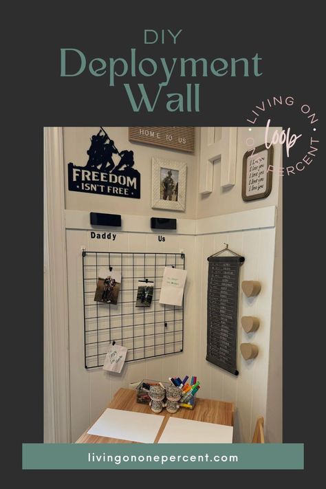 Is someone in your family deployed? Or are you looking for a way to make deployment more understandable for your kids? I knew I wanted to do something for myself and the kids that would make the days of deployment feel like they were going by fast. So I decided to combine my favorite ones into one big Deployment Wall! Check out my blog for all of the ideas and supplies and make your own Deployment Wall today! Deployment Wall Ideas, Deployment Ideas For Kids, Deployment Countdown For Kids, Deployment Wall For Kids, Deployment Kids, Deployment Wall, Deployment Countdown, Countdown For Kids, Deployment Ideas