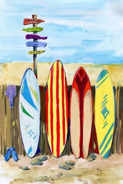 Surfboard Acrylic Painting, Cool Drawing Projects, Cool Painting Aesthetic, Easy Surf Painting Ideas, Surfing Painting Ideas, Surf Painting Ideas, Summer Time Paintings, Beachy Art Painting, Easy Surf Paintings