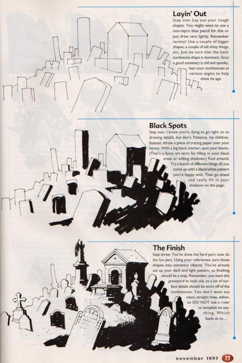 Mike Mignola - Building a Setting Process PAGE 02 Getting Better At Drawing, How To Draw Motion Blur, Simple Comic Art Style, How To Draw Buildings, Parade Drawing, How To Draw Backgrounds, Train Composition, How To Draw, Graveyard Drawing