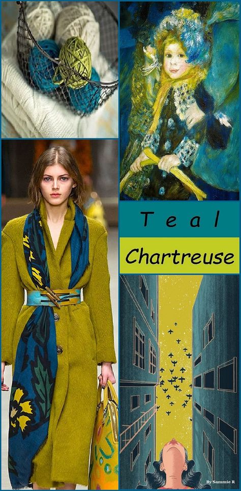 Chartreuse And Blue Outfit, Teal Color Palette Fashion, Colors That Go With Chartreuse, Teal And Chartreuse Bedroom, Chartreuse Color Palette Clothes, Chartreuse Board Ideas, Chartreuse Outfit Color Combinations, Chartreuse Color Combinations, Interesting Color Combinations