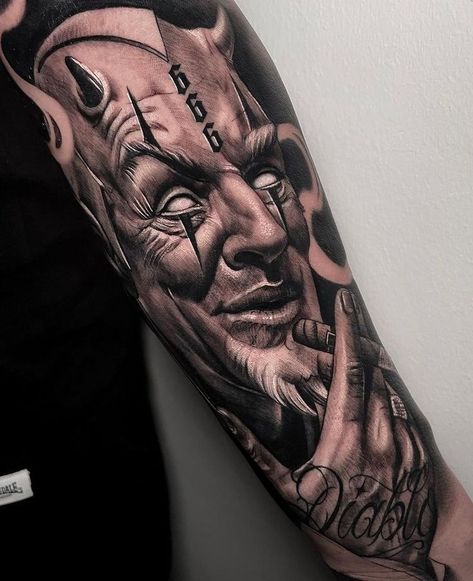 Christus Tattoo, Black And Gray Tattoos, Underarm Tattoo, Hand Tattoo Designs, Evil Tattoo, Realistic Tattoo Sleeve, Gangsta Tattoos, Evil Tattoos, Saved Tattoo