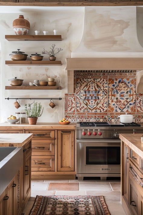 Imagine preparing meals in a kitchen inspired by the picturesque villas of Spain. Our Spanish villa kitchen ideas focus on incorporating terracotta accents and artisanal cabinets into your designs, bringing the vibrant atmosphere of Spain into the heart of your home. Morroco Kitchen Design, Spanish Theme Kitchen, Spanish House Inspiration, Home Interior Design Spanish, Spanish Inspired Kitchen Hacienda Style, Mediterranean Aesthetic Kitchen, Italian Aesthetic Kitchen, Baja Interior Design, Spanish Themed Kitchen