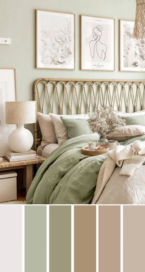 Green Bedroom Colors, Sage Bedroom, Green Bedroom Walls, Green Bedroom Decor, Bedroom Color Combination, Sage Green Bedroom, Bedroom Colour Palette, Beige Bedroom, Room Makeover Bedroom