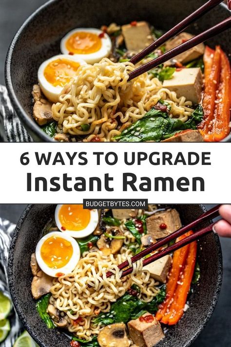 When all you have (or want) is one of those little cheap packets of noodles, here are 6 easy ways to upgrade instant ramen and make it a legit meal. | dinner recipes | easy meals | budget recipes | Top Ramen Recipes, Authentic Ramen, Ramen Hacks, Ramen Recipes Easy, Budget Food, Easy Ramen, Chef Ideas, Top Ramen, Homemade Ramen