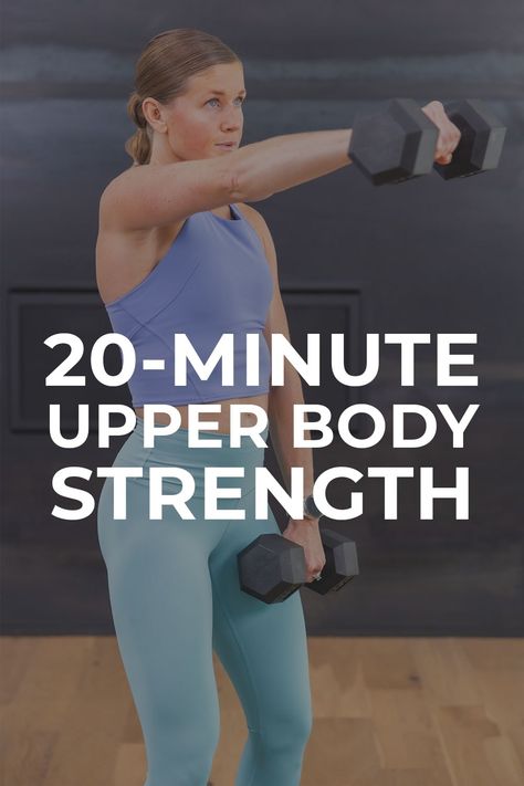 Build strong, defined arm and back muscles with this all-standing sweat session: the best upper body dumbbell workout. This no-repeat and all-standing workout is a fun and challenging way to build strength in every muscle in the upper body. All you need is a set of dumbbells and 20 minutes to target the chest, back, biceps, triceps and shoulders. Standing Up Ab Workout, Upper Body Weight Workout, Exercise Hiit, Upper Body Dumbbell, Upper Body Strength Workout, Upper Body Dumbbell Workout, Upper Body Hiit Workouts, Full Upper Body Workout, Upper Body Workout For Women