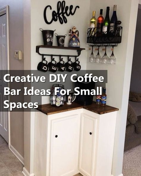 Looking for creative DIY coffee bar ideas for small spaces? Check out these innovative and space-saving solutions to create your own cozy coffee corner at home. Whether you have a tiny kitchen or a compact apartment, these clever ideas will help you design the perfect coffee bar without taking up too much space. Get inspired and start brewing your favorite coffee drinks in style! Diy Coffee Nook Small Spaces, Coffee Nook Corner, Corner Shelf Coffee Bar, Corner Cabinet Coffee Bar Ideas, Narrow Coffee Bar Ideas, Diy Coffee Corner, Small Corner Coffee Bar, Wine Bar Ideas Small Spaces, Coffee Bar Corner Ideas