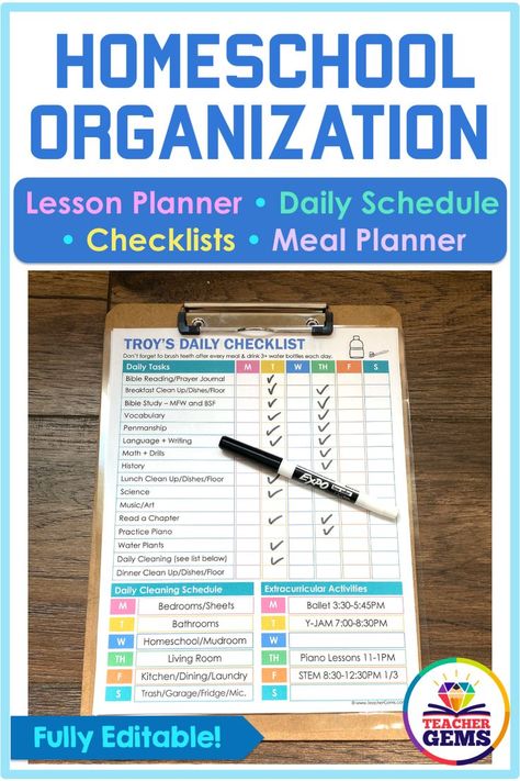 Need help getting organized in your homeschool? These fully editable homeschool organizational templates include lesson planning pages, a daily schedule, matching student checklist, and weekly meal planner. Homeschool Daily Schedule Template, Meal Plan Schedule, Homeschool Daily Planner, Homeschool Checklist, Homeschool Schedule Template, Homeschool Daily Schedule, Homeschool Student Planner, Daily Planner Ideas, Student Checklist