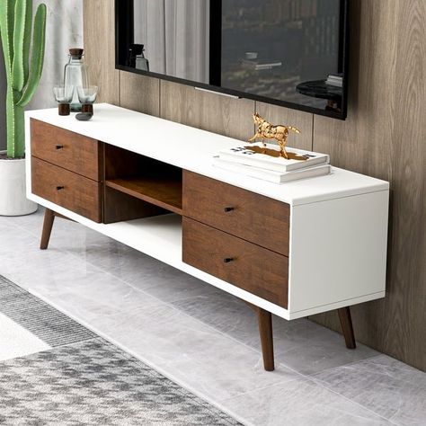 Novel Mid Century White Tv Stand With Solid Wood Frame TV Stand with 6 Storage Cabinet , Modern Walnut TV Console - Bed Bath & Beyond - 34477346 Tv Stand For 65 Inch Tv, 43 Inch Tv Living Rooms, Tv Table For Bedroom, Tv Unit With Legs Design, Standing Tv Console, Tv Drawer Design, Tv Stand Mid Century Modern, Table Tv Modern, Unique Tv Stand Ideas