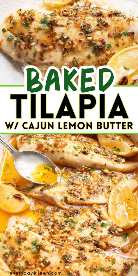 Cajun Lemon Butter Baked Tilapia is a delicious seafood dinner ready in about 15 minutes. The flaky fish is perfectly seasoned and baked in a Cajun lemon butter for an easy weeknight dinner. Perfect for a quick, easy fish dinner. Baked Fish And Vegetables, Oven Baked Swai Fish Recipes, Garlic Butter Baked Tilapia, Garlic Butter Oven Baked Tilapia, Fish Recipes Tilapia Baked, Fresh Tilapia Recipes, Easy Fish Meals, How Long To Bake Fish In Oven, How To Cook Tilapia On The Stove