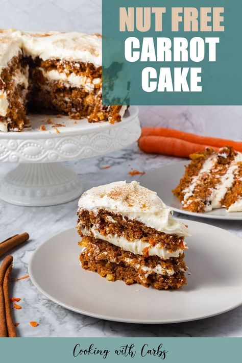 Low Sugar Carrot Cake Recipe, Low Sugar Carrot Cake, Nut Free Carrot Cake, Greek Yogurt Cream Cheese, Lactose Free Cream Cheese, Yogurt Cream Cheese, Carrot Cake Recipe Healthy, Carrot And Walnut Cake, Coconut Macaroons Easy