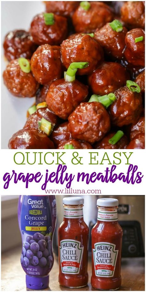 Delicious 3-ingredient Grape Jelly Meatballs. They take just minutes to prep and are the perfect dinner or appetizer for any party or get together. Jelly Meatballs, Grape Jelly Meatballs, Pastry Appetizer, Appetizer Meatballs, Grape Jelly, Perfect Dinner, God Mat, Snacks Für Party, Crockpot Recipes Slow Cooker