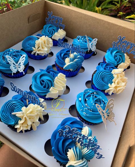 Blue Purple And White Cupcakes, Light Blue Cupcakes Birthday, Blue Cupcake Ideas Birthday, Blue Birthday Cupcakes For Women, Blue And Red Cupcakes, Cupcakes Decoration Blue, Red And Blue Cake Design, Blue White Cupcakes, Blue Themed Cupcakes