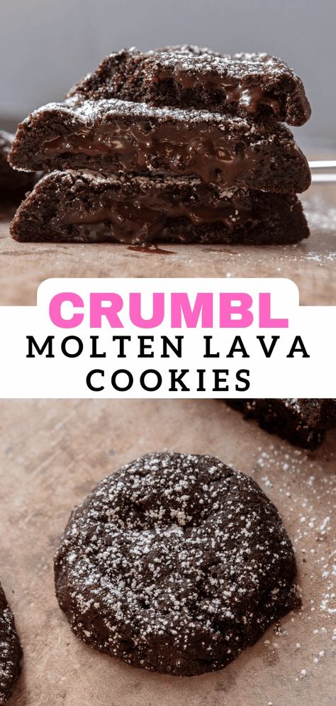 Easy Crumbl molten lava cookies copycat recipe - Lifestyle of a Foodie Molten Lava Chocolate Chip Cookies, Cookies Like Crumbl, Crumbl Molten Lava Cookies, Lava Cookies Molten, Lava Cake Cookie Recipe, Rare Cookie Recipes, Decadent Chocolate Cookies, Hot Fudge Cookies, Really Good Cookies