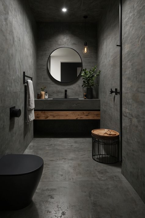 Create an elegant and sleek minimalist bathroom featuring smooth concrete flooring and stylish matte black fixtures. Embrace modern simplicity and understated luxury.  #MinimalistDesign #ConcreteFlooring #MatteBlackFixtures #ModernBathroom #SleekDesign #ElegantInteriors #ContemporaryStyle #UnderstatedLuxury Black Grouted Bathroom, Black Shower Room Ideas, Concrete And Tile Bathroom, Black And Concrete Bathroom, Dark Basement Bathroom, Modern Cement Bathroom, Cement Finish Bathroom, Concrete Style Bathroom, Charcoal Bathroom Ideas