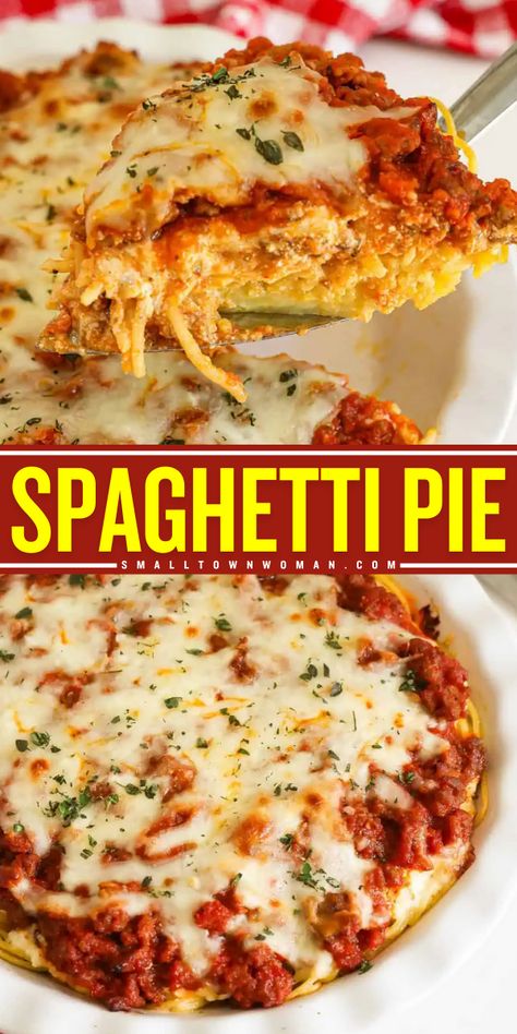 This pasta dinner idea is a fun twist on a classic! It's such a delicious home-cooked meal. The whole family will love every bite of this easy spaghetti pie recipe that's cheesy and herby with a tangy marinara sauce!