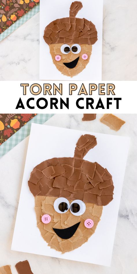 Fall Fun Preschool Crafts, Preschool Cardboard Crafts, Torn Paper Acorn Craft, Fun Prek Crafts, Fall Hanging Crafts Preschool, Elementary School Fall Crafts, Pumpkin Art Ideas For Preschool, September Craft Ideas For Kids, November Crafts For Kindergarteners