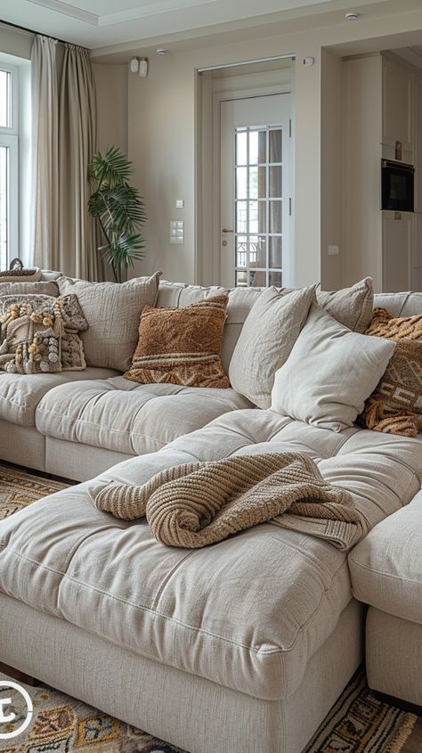 #homesweethome #homebyis #inredning #heminredningsdetaljer #home #bedroominspo #bedroomdecor #roominspiration #roomdecor #beautifulrooms Extra Deep Sofa Living Room, Sofas Ideas Living Room Comfy, Throw Blanket On Back Of Couch, Cozy Throw Blanket Couch, Oversized Pillows Couch, Living Room With 3 Couches, Neutral Couches Living Room, Comfy Furniture Cozy Living, Couch Colour Ideas