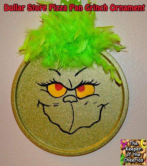 Dollar Store Pizza Pan Grinch Ornament - The Keeper of the Cheerios Christmas Pizza, Grinch Ornament, Grinch Crafts, Large Christmas Ornaments, Whoville Christmas, Grinch Ornaments, Grinch Christmas Decorations, Pizza Pan, Dollar Tree Diy Crafts