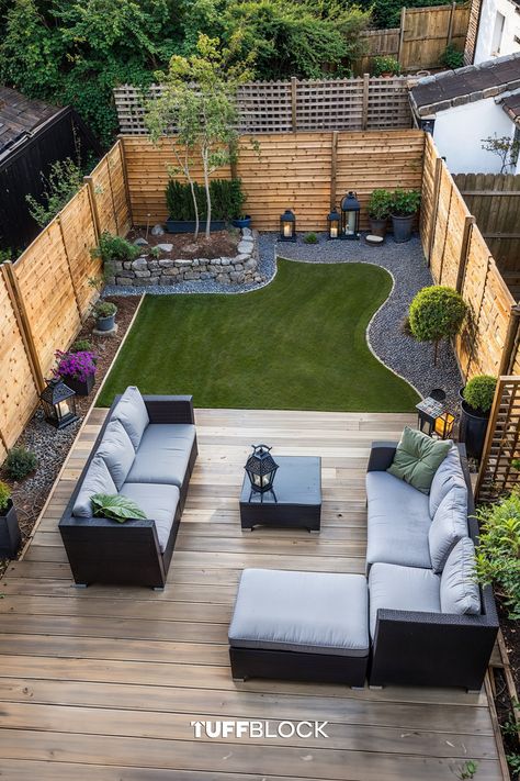 small yard with deck, yard, outdoor furniture, lush grass with curved stone garden bed Decking Designs Layout, Front Yard Decking, Deck Oasis Ideas, Backyard Decks Ideas, Deck On The Ground, Small Yard Design Ideas, Tuffblock Deck, Decking Ideas Garden, Narrow Deck