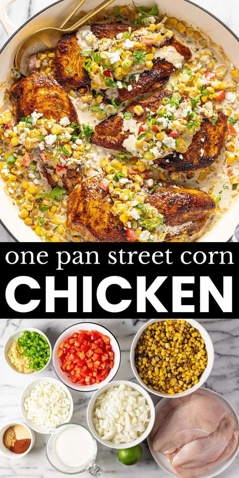 This creamy street corn skillet chicken recipe will quickly become a family favorite and the best part is that it comes together in about 30 minutes. Seasoned chicken breast is sauteed to perfection and then a simple creamy pan sauce comes together with loads of corn, red bell pepper, Cotija cheese, and fresh herbs. Nestle the chicken back into the creamy sauce for a one-pan dinner your whole family will love! Street Corn Skillet, Creamy Street Corn, Pineapple Bake, Corn Skillet, Street Corn Chicken, Olive Loaf, California Burrito, Vegetarian Mexican Recipes, Mac Sauce