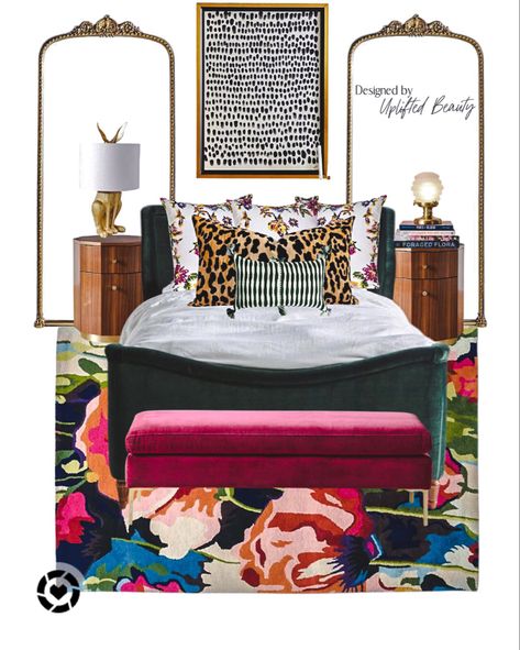 Luxury Maximalist Bedroom, Guest Bedroom Maximalist, Modern Glam Bedding, Glam Eclectic Bedroom, Bold Guest Bedroom Ideas, Eclectic Glam Bathroom, Guest Bedroom Ideas Eclectic, Animal Print Bedroom Decor Ideas, Colorful Glam Bedroom